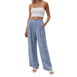 GOSILK 100% Silk Blue Wide Leg Resort Pants Relaxed Fit Size 3